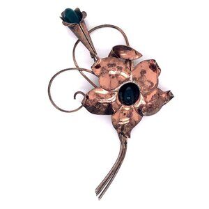 Large VTG Estate TruArt Sterling Silver & Green Stone Flower Rose Tone Brooch 36